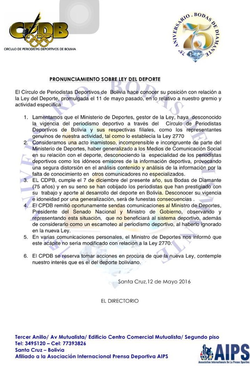 AIPS América apoya postura del Círculo de Periodistas de Bolivia