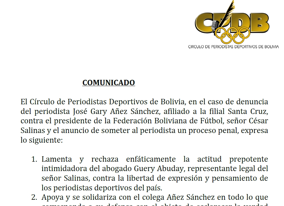 AIPS América apoya al CPDB en defensa a colega boliviano